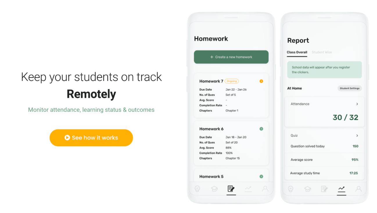 Track your students remotely, monitor attendance, learning outcomes and status thru Class Saathi
