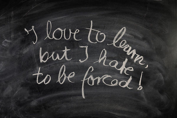 "I love to learn but I hate to be forced!" written by chalk on a blackboard.