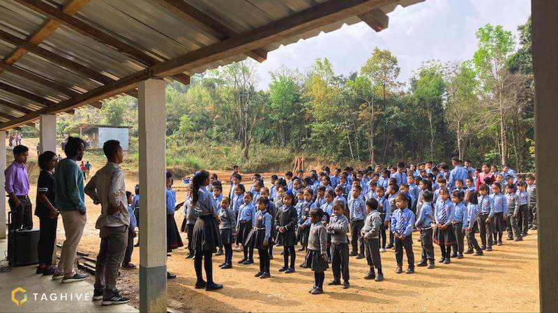 Students in morning assembly in Haite Memorial Friendship School in Mualdam, Assam